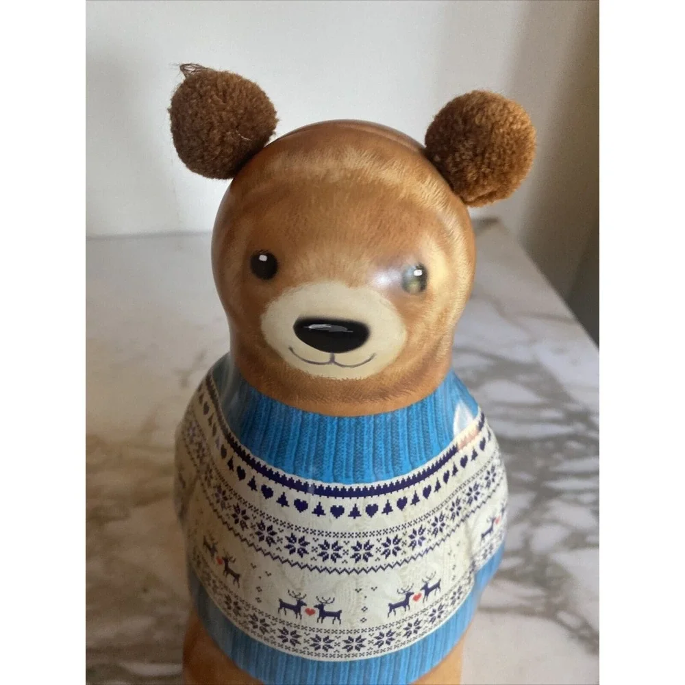 Bear Shaped Metal Tin Brown Blue Fair Isle Sweater Reindeer Holiday Decor